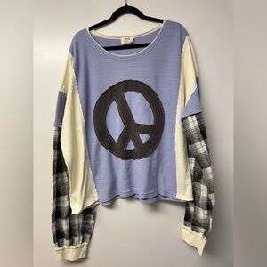 BAR x Oli & Hali Peace Sign Patchwork Plaid Long Sleeve Oversized Top XL Boho V